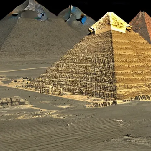 Image similar to the aliens building the pyramid of giza photo realistic 3 d