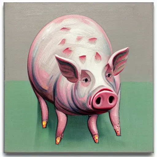 Image similar to “pig paintings and pig sculptures in a pig art gallery, pork, ikebana white flowers, white wax dripping, squashed raspberry stains, acrylic and spray paint and oilstick on canvas, by munch and Dali”