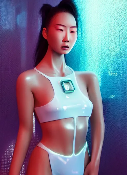 Prompt: a sensual asian female humanoid with freckled cheeks, cyber neon lighting, futurism, intricate futuristic jewelry accessories, cyberpunk glossy white latex swimsuit, profile posing, hyper photorealistic, crispy quality, digital photography, trending in artstation, trending in pinterest, cinematic, 4 k ultra hd, art by pascal blanche, art by greg rutkowski,