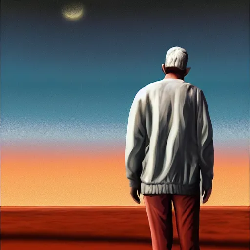 Image similar to a lonely man standing on a deserted planet, acrylic art, painting, canvas, gloomy, digital art,