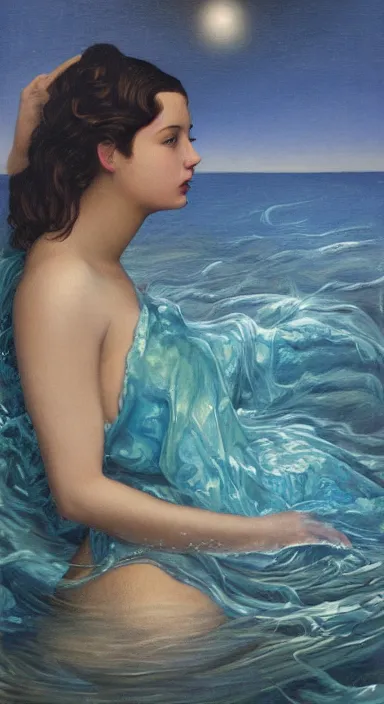 Image similar to a painting of a woman in a body of water, a fine art painting by jan tengnagel, trending on deviantart, pop surrealism, tarot card, pre - raphaelite, artwork