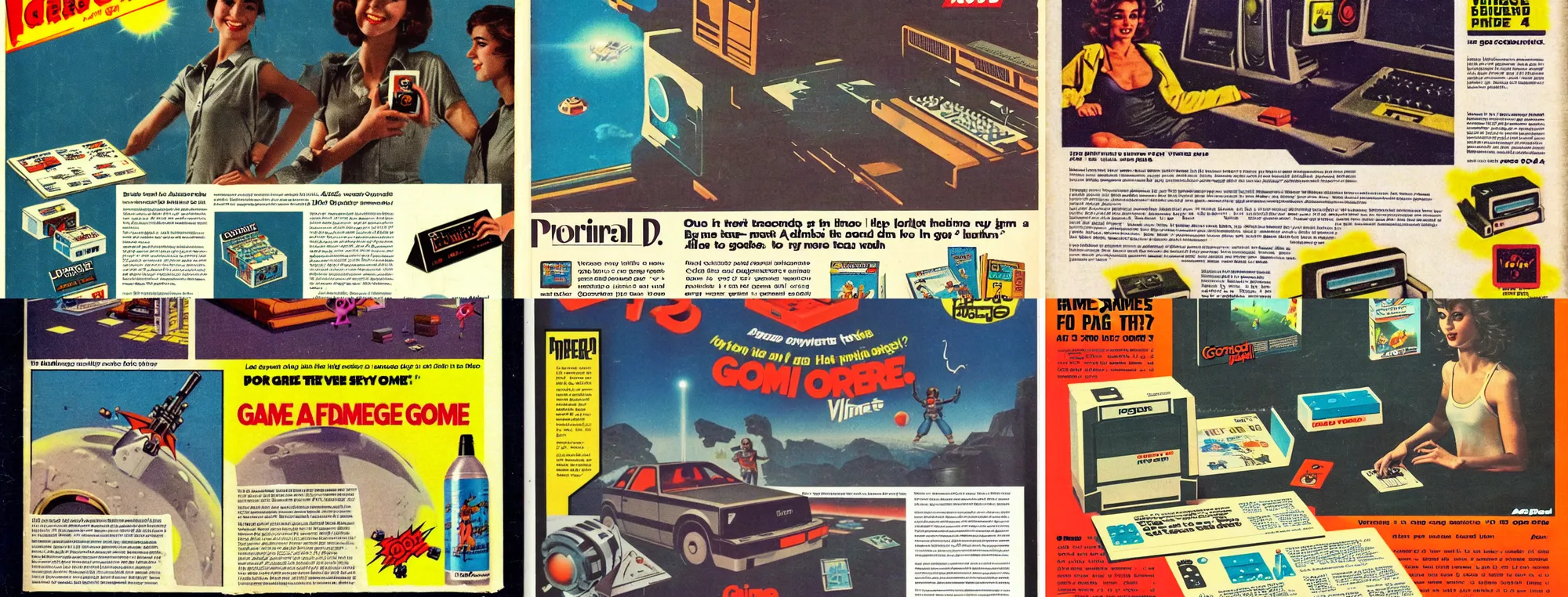Prompt: 1984 vintage game ad pages featuring Portal 0 for Commodore 64