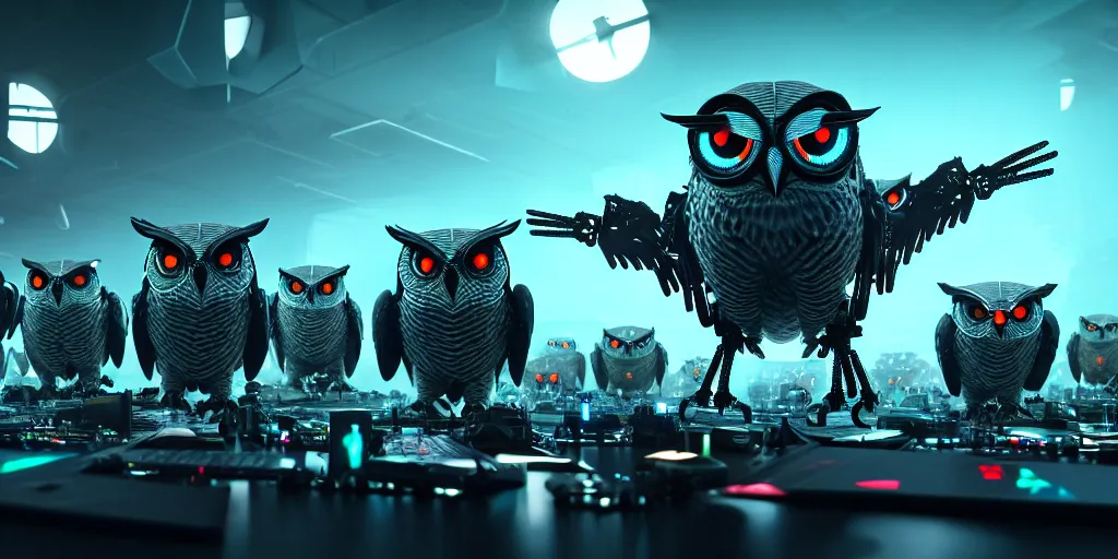 Image similar to an army of evil, malevolent, giant cyborg owls surrounded by computers and computer screens. this 4 k hd image is trending on artstation, featured on behance, well - rendered, extra crisp, features intricate detail and the style of unreal engine. volumetric lighting octane render