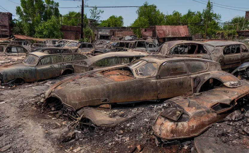 Prompt: industrialist mining town with old abandoned cars rotting away on overgrown streets, the nearby buildings are falling down and dust is in the air, soft glow of sunlight, small puddles of water in pot holes, very high detail image 4 k,