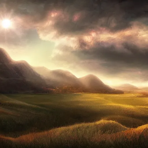 Image similar to a cinematic landscape view looking at an open field, mountains in the distance, the sun shines through the parted clouds, digital painting, fantasy, art by alexandre mahboubi and christophe oliver