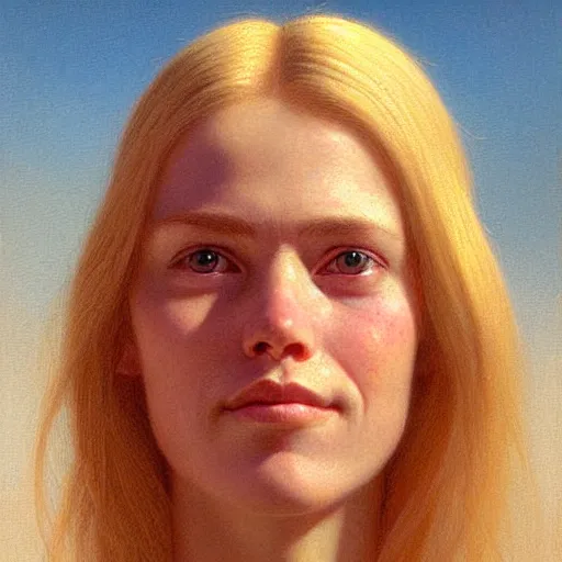 Prompt: Facial portrait of a cute shy woman, looking away from the camera, shy smile, mouth slightly open, lips slightly parted, long blond hair, no hands visible,, intricate, extremely detailed painting by Henry Justice Ford and by Greg Rutkowski and by Moebius, golden hour