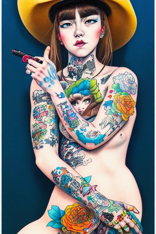 Image similar to full view of girl with tattoos wearing cowboy hat, style of yoshii chie and hikari shimoda and martine johanna, highly detailed