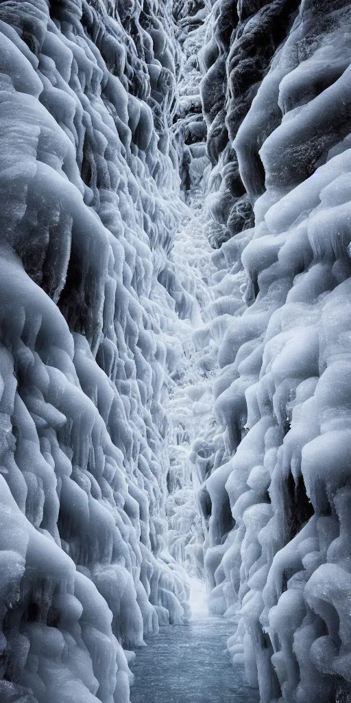 Prompt: dream looking through a hyper realistic photograph of a frozen icy canyon, minimal structure, misty, raining, meditative, timed exposure, icelandic valley, river, in the style of reuben wu, roger deakins