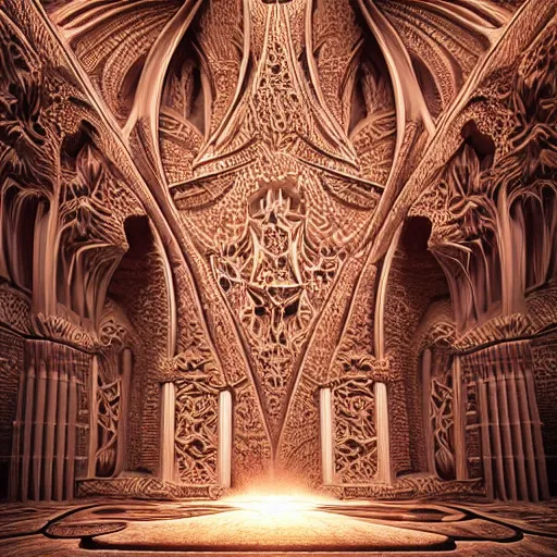 Prompt: hyperrealistic 3 d render of a massive fractal cathedral interior populated by mandelbrot fractals, unreal engine, carved ivory paisley, octane render, realistic, perspective, volumetric lighting, hyperrealism, shocking, glowing, carved marble, opalescent, carved soap, neon, sacred geometry, angelic, catholicpunk, photorealism, 8 k, trending on artstation