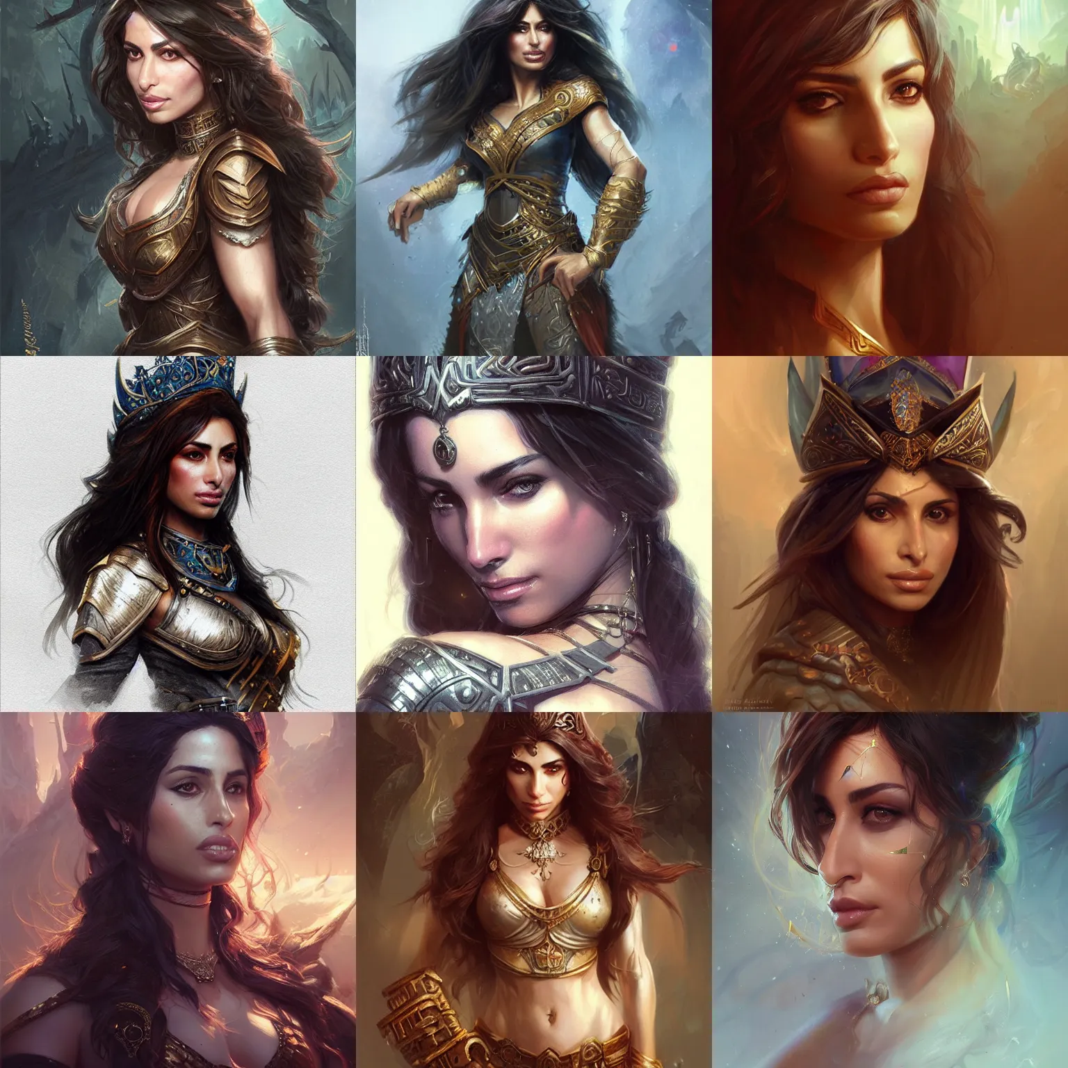 Image similar to persian queen, sarah shahi, d & d, fantasy, portrait, highly detailed, digital painting, trending on artstation, concept art, sharp focus, illustration, art by artgerm and greg rutkowski and magali villeneuv