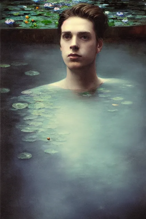 Image similar to detailed cinematic moody colors studio portrait of a young victorian gentleman in a beautiful victorian water pond, water lilies, high quality by jeremy mann, only one head single portrait