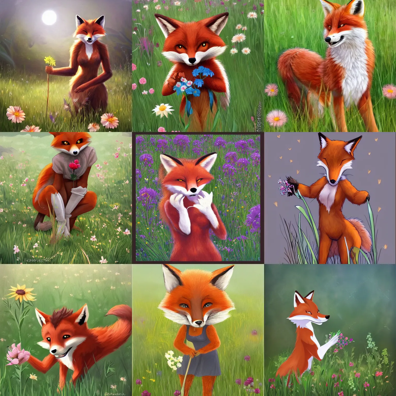 Prompt: Cute smiling anthro fox-woman picking flowers in a meadow, Artgerm