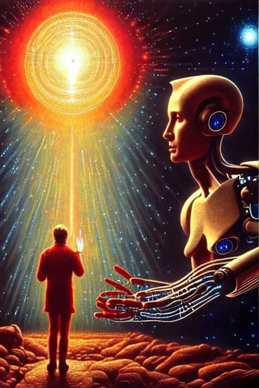 Prompt: a photorealistic detailed cinematic image of an artificially intelligent cyborg explaining the origins of humanity, god, spiritual evolution, emotional, compelling, sharp, by pinterest, david a. hardy, kinkade, lisa frank, wpa, public works mural, socialist