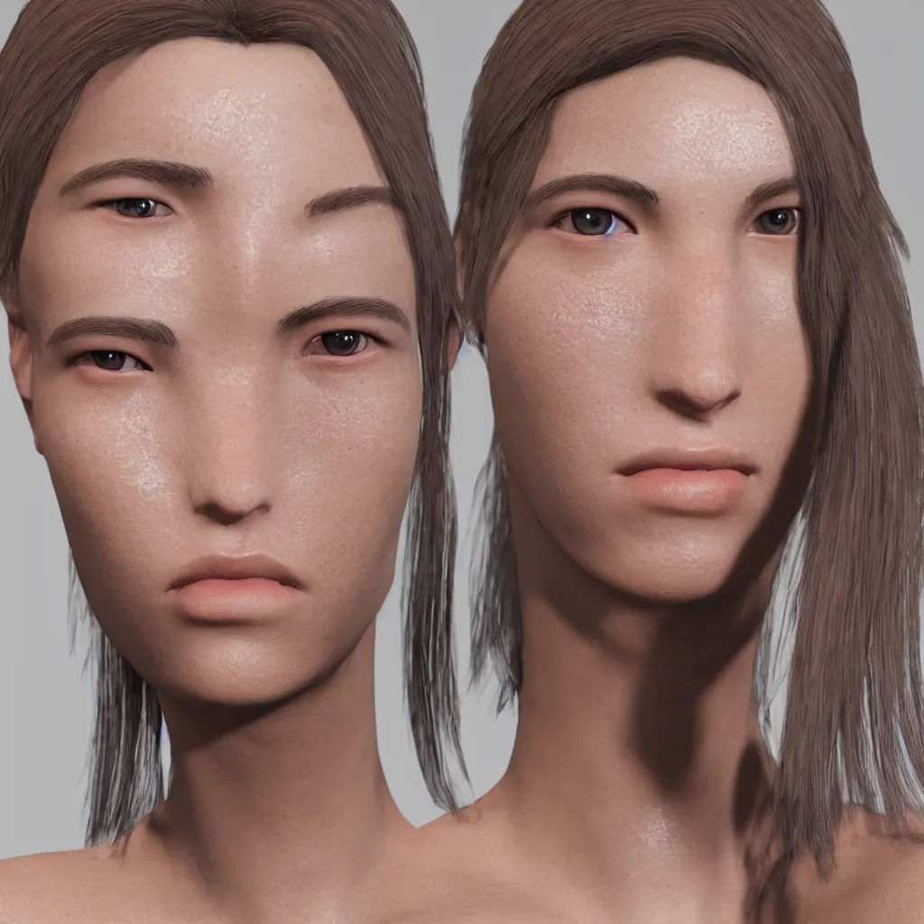 Image similar to glistering sweaty skin face fashion model unreal engine