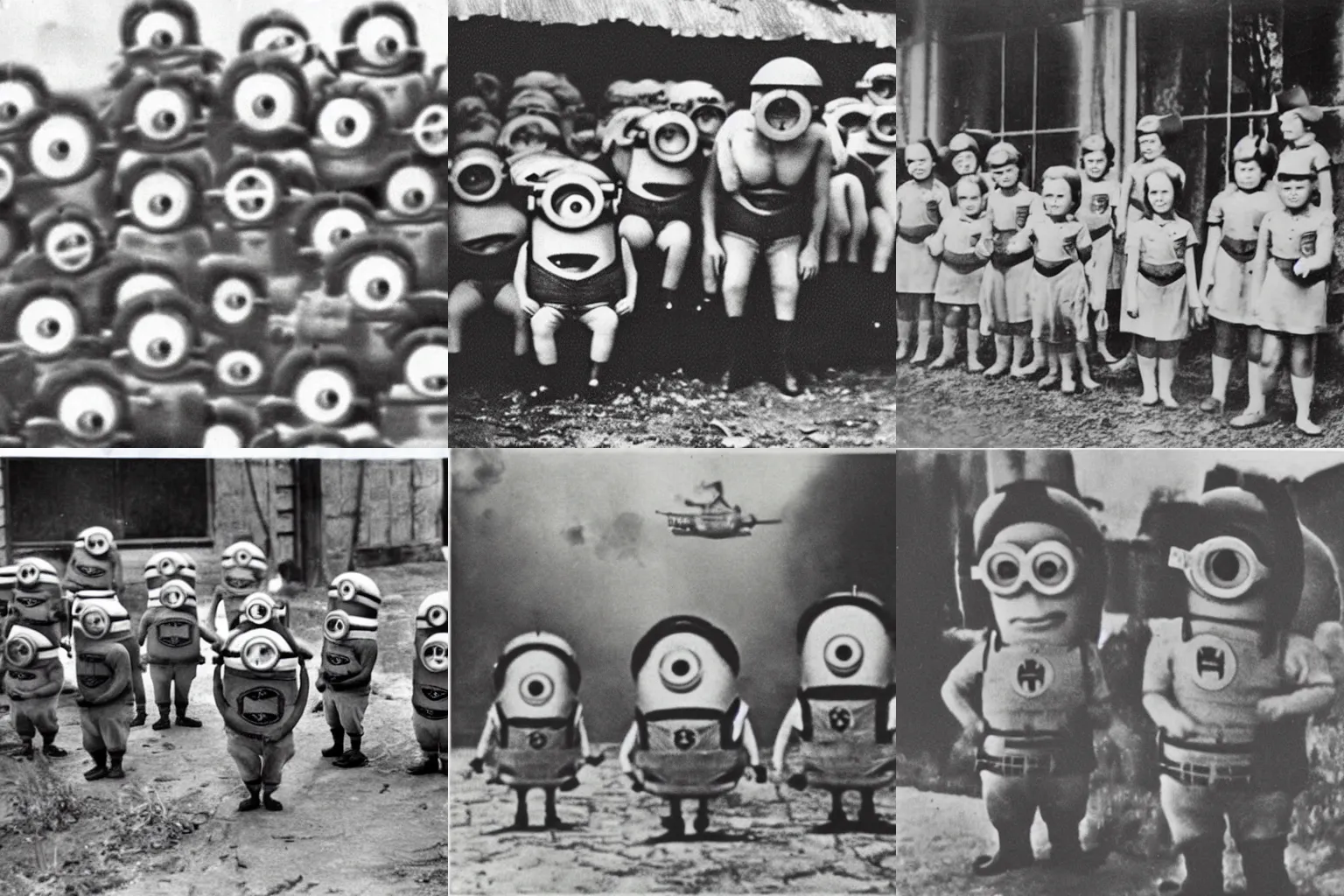 Prompt: rare vintage photograph of minions during ww2