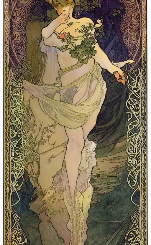 Prompt: the fool, tarot, beautiful border, by alfons maria mucha, highly detailded