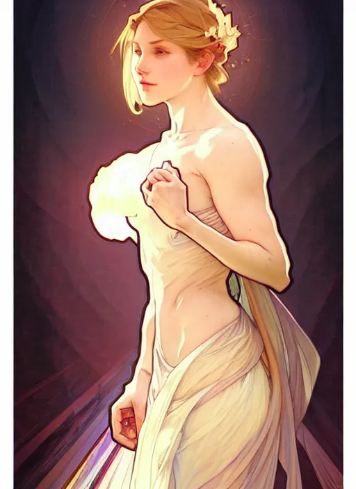 Prompt: digital character concept art by artgerm and greg rutkowski and alphonse mucha. clear portrait of a modern young wife blessed by god to uncontrollably become overwhelmingly perfect!! blonde, full - figure in clothes, obviously feminine holy body!! light effect. hyper detailed, glowing lights!! intricate, elegant, digital painting, artstation, smooth, sharp focus