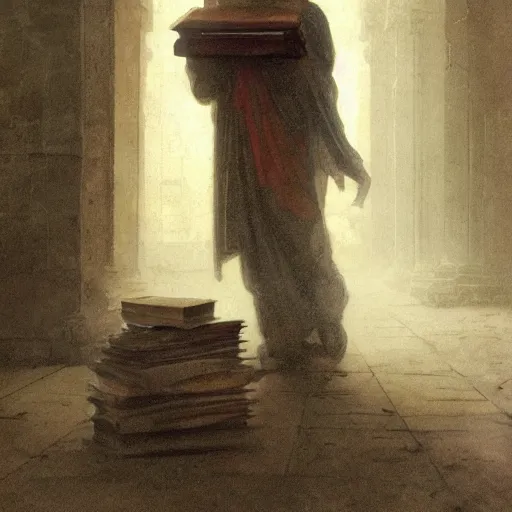 Image similar to half portait of monk wearing a closed cowl and big old book! chained to the wrist, jeremy mann, jean - leon gerome, tiepolo, alphonse mucha, greg rutkowski, face in the shadows, ( ( ruins of ancient rome ) ), at dusk, mysterious atmosphere, sunrays, dof, high detailed, 8 k