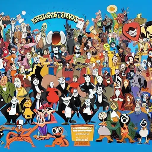 Image similar to an orchestra of various Looney Tunes characters playing a concert in a large concert hall. In the audience is a crowd of Marvel villains is sitting in the audience. realistic, photorealistic, 4k