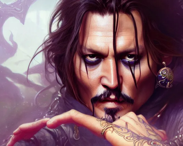 Image similar to photography of johnny depp, deep focus, d & d, fantasy, intricate, elegant, highly detailed, digital painting, artstation, concept art, matte, sharp focus, illustration, hearthstone, art by artgerm and greg rutkowski and alphonse mucha