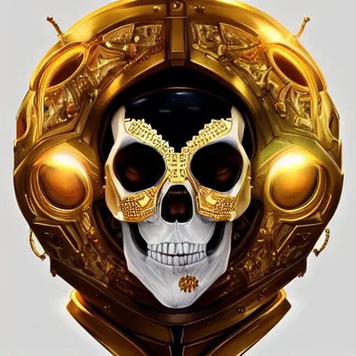 Image similar to symmetry!! portrait of a golden! skull trooper from fortnite, intricate, elegant, highly detailed, digital painting, artstation, concept art, smooth, sharp focus, illustration, art by artgerm and greg rutkowski and alphonse mucha