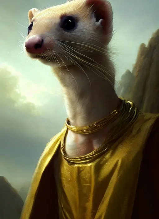 Prompt: a beautiful closeup shot from a fantasy film of a humanoid spotted ferret with golden eyes wearing a loose tunic. an anthropomorphic ferret with gold eyes. joseph ducreux, greg rutkowski.