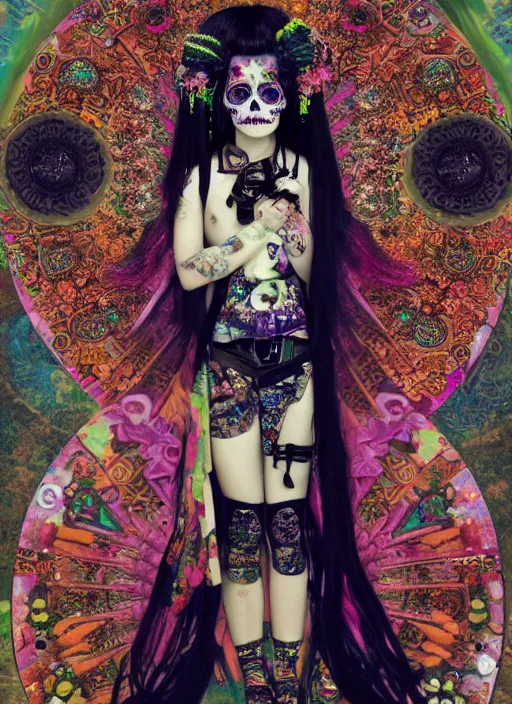 Image similar to cute punk goth fashion hippy fractal Día de los Muertos android girl wearing kimono made of circits posing by Zhang Jingna, psychedelic dada collage by Hannah Höch Victor Moscoso Rick Griffin Alphonse Mucha Gustav Klimt Ayami Kojima Amano Charlie Bowater, masterpiece