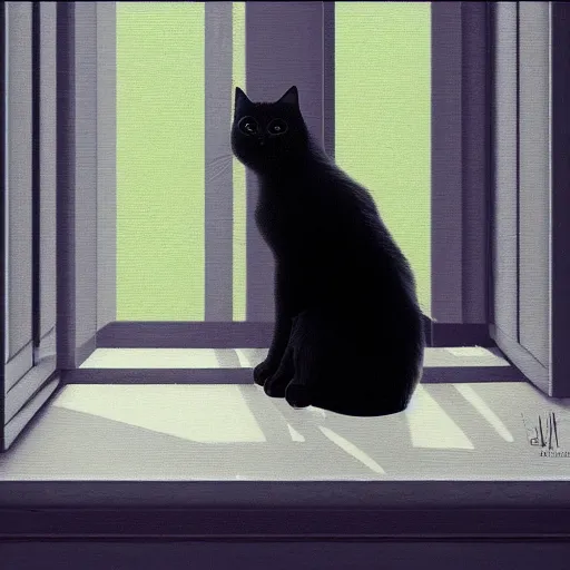 Image similar to peaceful dreamy painting of a content black cat sitting by a window, sunshine coming through the window, small plants on the window sill, 8k, hyper realism, trending on artstation, octane render