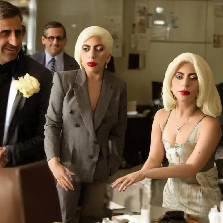 Image similar to confused lady gaga looking at the camera while young steve carell smiles behind her, from the office ( 2 0 0 5 ), detailed background, uhd, low light, cinematic, realistic, clear face, clear eyes.