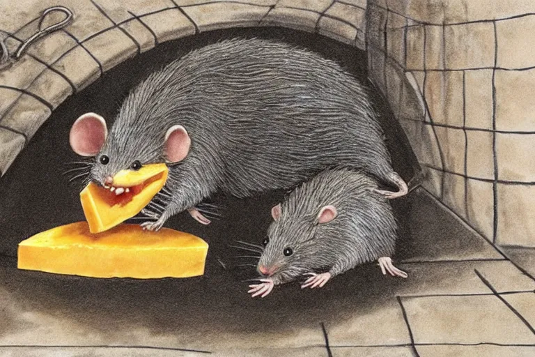 Image similar to a giant creepy rat eating cheese in a sewer, photo - realistic, hyper realism,