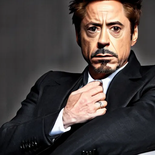 Image similar to Robert Downey Jr. with a very tired and tired face rolls his eyes, in a business black suit crossed his arms, stands indoors, the background is blurred, focus in the foreground, realism, details,