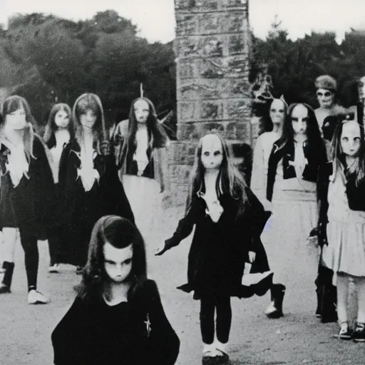 Prompt: Satanic States of America, alternate history, 1970s, girl scouts, goth girl scouts, Satanic girl scouts, black clothing, occult ritual, 1977, 16mm photograph