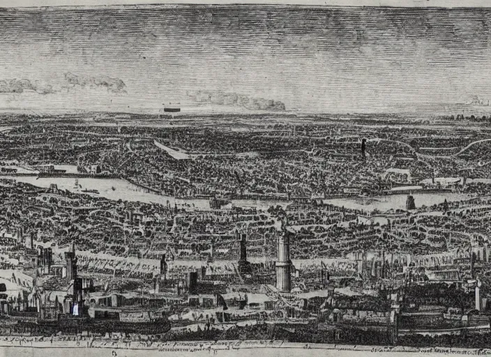 Prompt: detail from Hollar’s Panoramic view of future London after the war with the machines, 1647