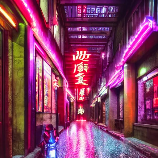 Image similar to an alleyway in Chongqing!!! China, Night, neon light, advertisement!!!!!, octane render, aesthetic!!!!!