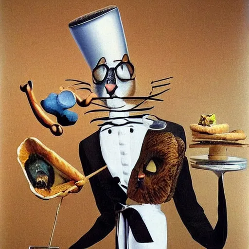 Image similar to anthropomorphic cats chef competing at the Masterchef TV show, by Salvador Dali