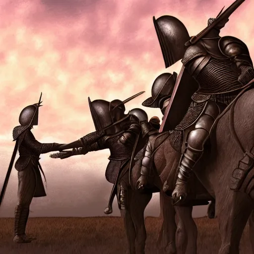 Prompt: detailed realistic digital art of a knight saluting his king