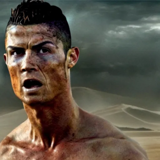 Image similar to cristiano ronaldo as the doof warrior in mad max fury road ( 2 0 1 5 ), movie still,