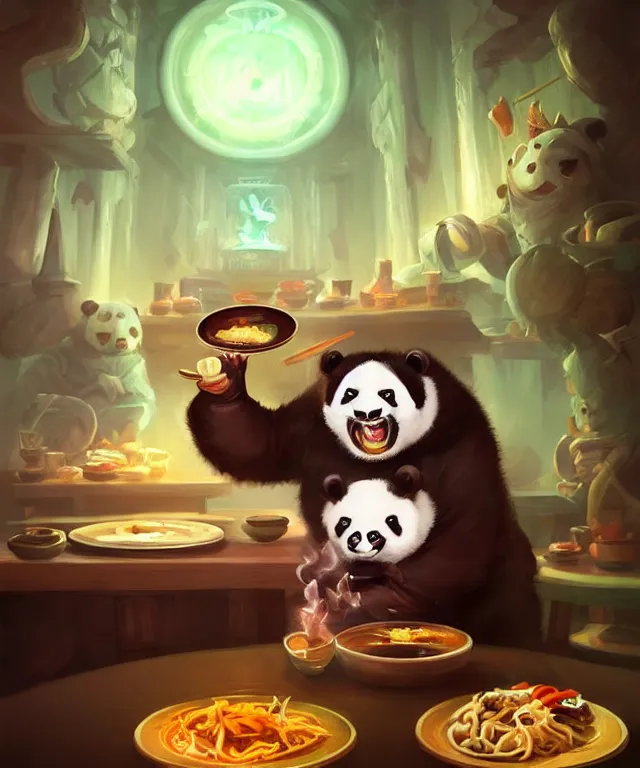 Prompt: a portrait an anthropomorphic panda mage eating chinese food, wearing mage robes, restaurant in background, cute and adorable, dnd character art portrait, well rendered matte fantasy painting, deviantart artstation, by jason felix by steve argyle by tyler jacobson by peter mohrbacher, cinematic lighting