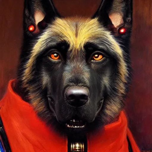 Prompt: a portrait of a black german shepard dogman canine with human eyes and mouth star trek captain red shirt. highly detailed painting by gaston bussiere craig mullins jc leyendecker gustav klimt artgerm greg rutkowski