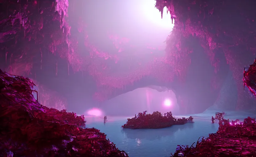 Image similar to a beautiful and stunning digital render of a humongous ruby cave, dimly glowing crystals, vines, haze, waterfall, volumetric lighting, photorealistic, red sky, sunset, unreal engine 5, ultra detail, trending on artstation