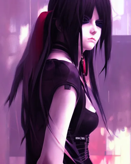 Prompt: portrait of goth cyberpunk Anime girl, cute-fine-face, pretty face, realistic shaded Perfect face, fine details. Anime. realistic shaded lighting by Ilya Kuvshinov Giuseppe Dangelico Pino and Michael Garmash and Rob Rey, IAMAG premiere