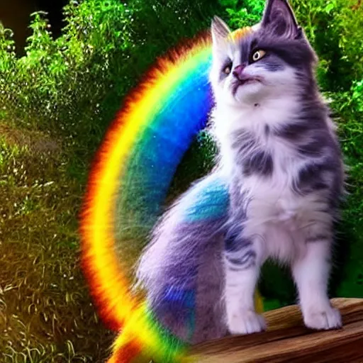 Image similar to of a very proud fluffy rainbow kitten howling at moon with a glowing rainbow aura