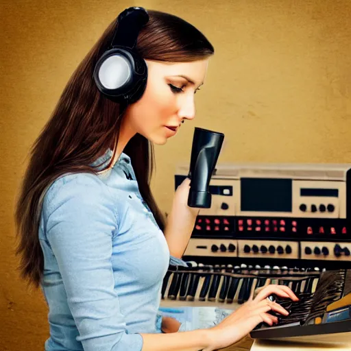 Image similar to realistic portrait of a woman with brown hair, jeans, headset, synthesizer, computer, steampunk, vivid colors