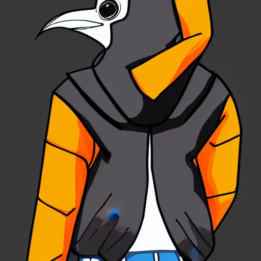 Prompt: humanoid furry! anthro avian!!! fursona, bird!!! digital art! trending on artstation! subject wearing hoodie and jeans!! subject is female!! big beak!!!