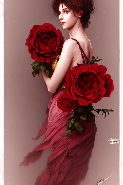 Image similar to woman dressed in a vaporous wrapped large victorian red roses silk semi-transparent dress fashion is running D&D, fantasy, intricate, elegant, highly detailed, digital painting, artstation, concept art, matte, sharp focus, illustration, art by Artgerm and Greg Rutkowski and Alphonse Mucha