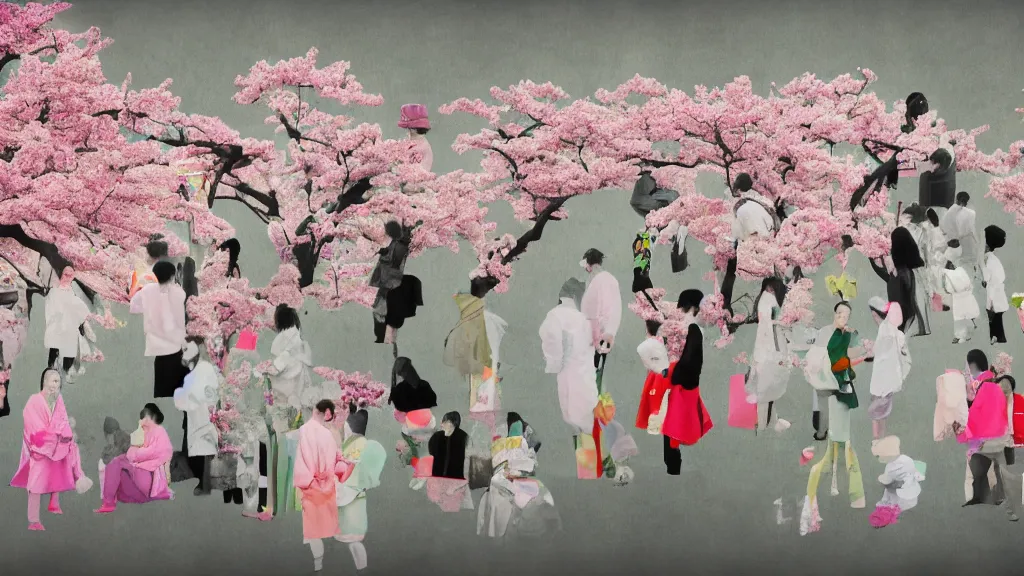 Prompt: a group of people flower viewing sakura, japan, a collage painting, in the style of wes anderson, lola dupre, david hockney, isolated on negative white space background dark monochrome neon fluorescent spraypaint accents volumetric octane render