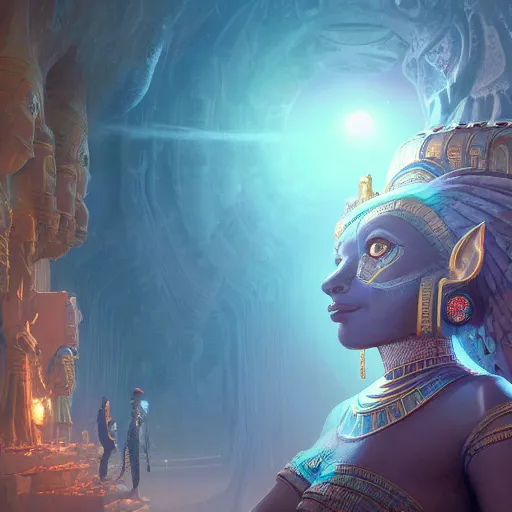 Image similar to highly detailed portrait of sekhmet the egyptian goddess, intricate alien technology, stephen bliss, unreal engine, fantasy art by greg rutkowski, loish, rhads, ferdinand knab, makoto shinkai and lois van baarle, ilya kuvshinov, rossdraws, tom bagshaw, global illumination, radiant light, detailed and intricate environment