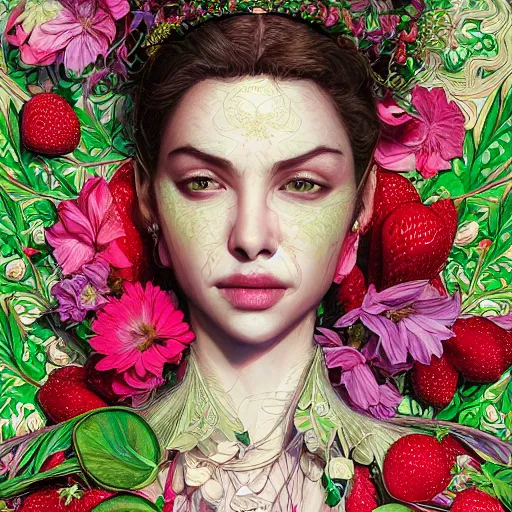 Image similar to the portrait of an absurdly beautiful, graceful, elegant, sophisticated, fashionable woman made of strawberries and green petals focusing hard, an ultrafine hyperdetailed illustration by kim jung gi, irakli nadar, intricate linework, bright colors, octopath traveler, final fantasy, unreal engine 5 highly rendered, global illumination, radiant light, detailed and intricate environment