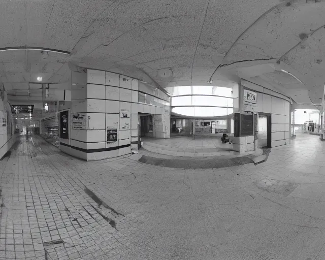 Prompt: camera footage of a Karge Spot Robot in an abandoned shopping mall, high exposure, dark, monochrome, camera, grainy, CCTV, security camera footage, timestamp, zoomed in, fish-eye lense, Robot, Drone, Titan,