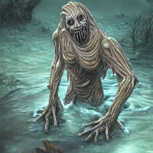 Image similar to creepy humanoid merfolk monster, slimy, wet, disturbing, long fingers, crawling up from shallow water, realistic, atmospheric, highly detailed, illustration, painting, concept art, scary